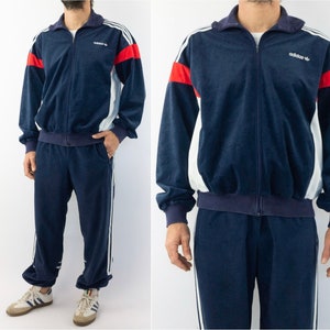 Adidas Challenger Vintage Trainingsanzug 1980er Jahre Jacke Hose Peach Skin Blau Rot WeiB Ventex Kleeblatt Hergestellt in Frankreich