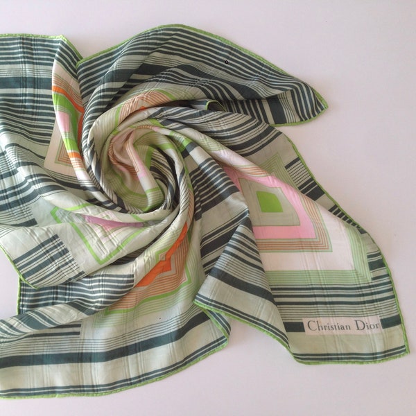 Christian Dior | Vintage Silk Scarf | 1970s | Scarf with Geometric Pattern | Light Pink/Green | Stipes/Squares | Made in France | 30x30"