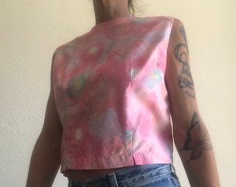 Vintage Floral Blouse 1950s | Short Pastel Color Aquarelle Print Top | Back Buttoning | Sleeveless | XS