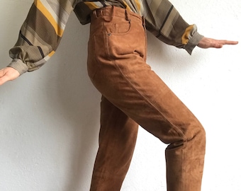 Vintage Suede Pants | 1980s | Tan Leather Pants | Tapered High Waist Pants | Soft Leather | Made in Germany | Size S/M