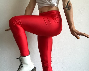 red shiny pants