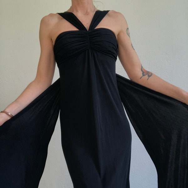 Robe Empire Vintage | 1970s | Robe de Soirée Noire | Robe de Bal avec Noeud/Echarpe | Robe Longe | Robe de Train | Made in France | Taille S