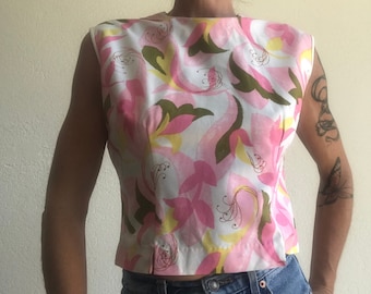 Vintage 1950s Floral Top | Pastel Sleeveless French Blouse |  Back Buttons | S/M