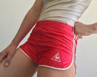 Le Coq Sportif | Vintage Athletic Shorts | 1970s | Shiny Red/White | Logo | Retro Sport Shorts | Made in France  | Size S