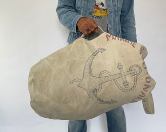 French linen bag antique drawstring big large handwoven storage bag natural handmade old travel handbag purse luggage gray beige crochet