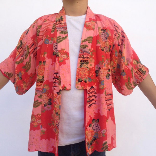 Kimono Vintage | 1960s | Kimono avec Motif Floral | Rouge/Rose/Vert | Fabriqué au Japon | Enfant 3 Ans