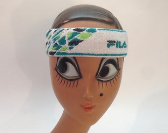 Vintage Fila Tennis Headband 1980s | White Sweatband Green Pattern | NOS | Made in Italy