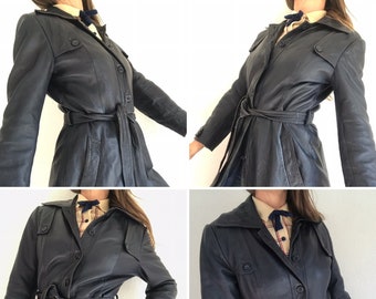 Vintage Leather Trench Coat | 1970s | Blue Overcoat | 70s Trench Coat | Mid-Length | Simple Buttoning | Made in France | Size S/M