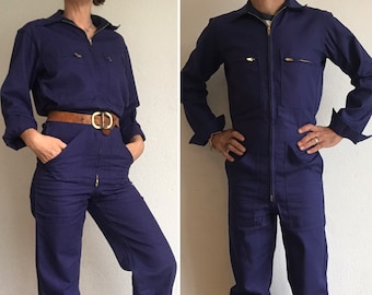 French Vintage Workwear | 1970s | Mechanic Overall | Bleu de Travail | Indigo Blue Cotton | Jumpsuit | Made in France | NOS | Size S