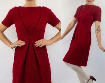 Vintage Tweed Dress | 1950s | Red Wool Dress | Winter Sheath Dress | Dark Red Boucle Tweed | Short Sleeves Dress | Made in France | Size S