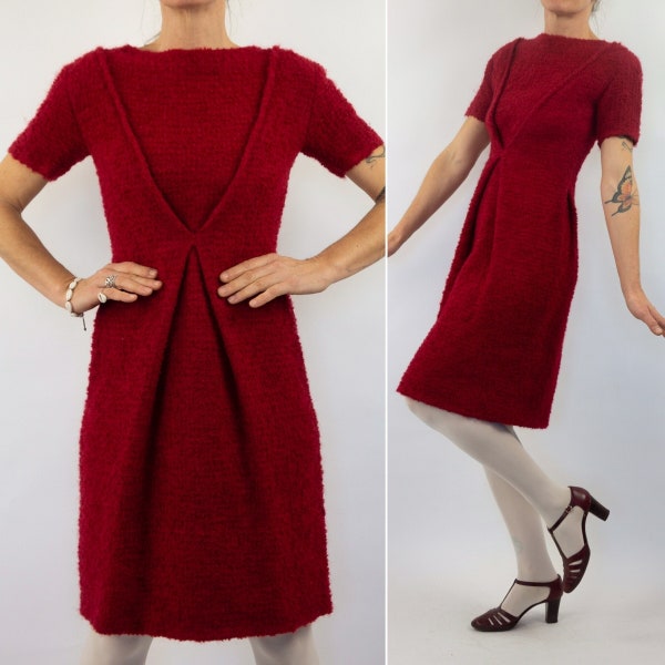 Robe en Tweed Vintage | 1950s | Robe Fourreau Rouge | Robe en Laine | Tweed Bouclé | Manches Courtes | Made in France | Taille S