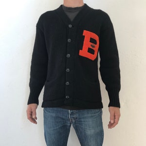 Cor-Nix Co. Vintage Wool Cardigan 1960s | Black Knit Jacket with Orange B Patch | American Football Style | Made in USA | Size M