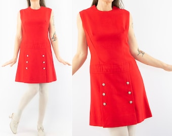 Vintage A-Line Dress | 1960s | Red Mod Dress | Trapeze Dress with Buttons | Twiggy Dress | Sleeveless | Made in France | Size M