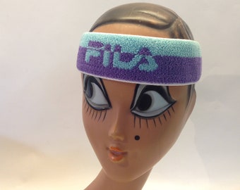 Vintage Fila Tennis Headband 1980s | Turquoise Purple Towel Fabric Sweatband, Retro | Italy | NOS