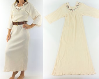 Embroidery Vintage Dress | 1970s | Floral Maxi Dress | Ivory | Gauze | Bell Sleeves | Bohemian/Hippie | Handmade | Made in Greece