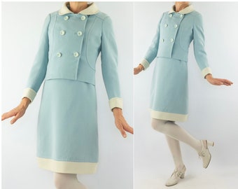 Vintage Dress Suit | 1950s | Spencer Jacket/Dress | Dress Set | Light Blue/White Wool | Jackie O | Made in France | Size XS