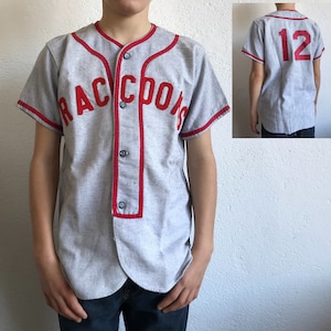 Felco/Raccoons Team | Vintage Baseball Jersey | 1950s | Grey/Red Baseball Shirt | Wool Blend /Patch | Little League M | Made in USA