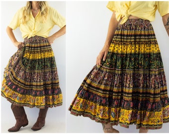 Vintage Peasant Skirt | 1970/80s | Provencal Skirt with Floral Pattern | Yellow/Black | Cotton | Prairie Skirt | Made in France | One Size