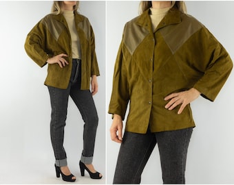 Vintage Suede Shirt | 1980s | Patchwork Jacket | Suede/Leather | 80s Fashion | Thin Jacket | Batwing Sleeves | Made in France | Size M