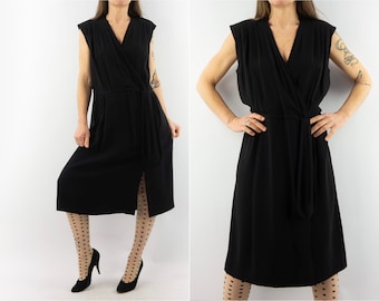 Vintage Evening Dress | 1970s | Black Shift Dress with Bow | Wrap Dress | Elegant Sheath Dress | Crossed | Made in France | Size M