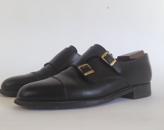 J.M. Weston Monk Strap Vintage-skor från 1980-talet | Svarta läderderbyskor | Klassiska | Frankrike | US7.5