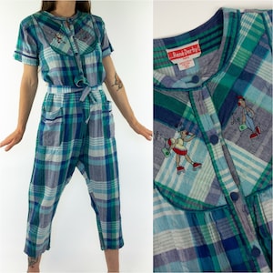 René Derhy | Vintage Check Jumpsuit | 1980s | Summer Overall | Embroidery | Cotton Dungarees | 80s Roller Skate | Made in France | Size S