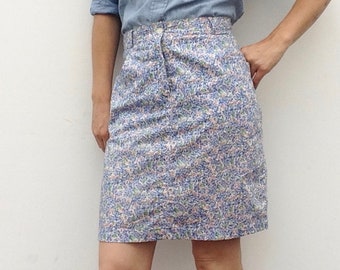 Cacharel | Vintage Pencil Skirt | 1980s | Skirt with Liberty Pattern | Floral Cotton Skirt | Blue Summer Skirt | Made in France | Size M