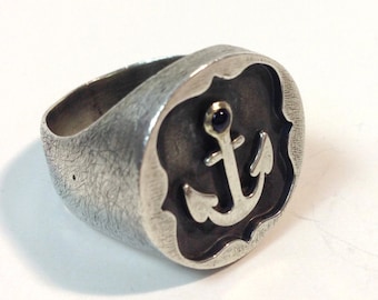 Signet Ring - Anchor | Sterling Silver/Sapphire | Handmade Jewelry | Men&#39;s Ring | Single Piece | Made in France | EU 20 - US 9