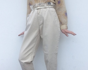 Vintage Versace Pants 1990s | Ivory High Waist Tapered Cotton Jeans, Medusa Logo | Italy | L