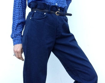 Versace Jeans Couture | Vintage Cotton Pants | 1990s | Medusa Logo | High Waist Blue  Pants | Tapered Jeans | Made in Italy |  Size XL