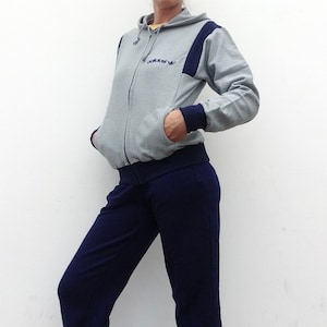 Adidas Vintage Tracksuit 1980s | Grey Blue Cotton Jogging Set Jacket & Pants | Trefoil Logo | Retro Sport | Made in France | NOS | Size S
