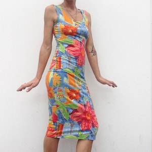 Kenzo Jungle Vintage Bodycon Dress 1980s Floral Pencil Dress Stretch Cotton Dress Multicolor Summer Dress Made in Italy Size S image 3