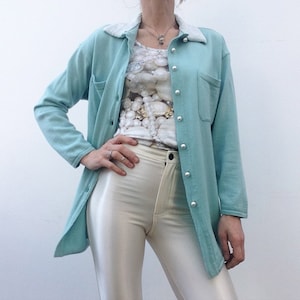 Escada Margaretha Ley | Vintage 1980s Woll Strickjacke | Wasser Blau Strick Jacke | Perlenkragen | Perlenknöpfe | Hergestellt in Deutschland | Grösse M