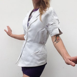 Thierry Mugler Vintage Peplum Jacket | 1980s | White Cotton Jacket with Zig-Zag Sleeves | Short Sleeve Blazer | Made in France | Size M