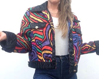 Moschino Jeans Vintage Bomber Jacket 1980s | Quilted Black Satin with Rainbow Striped Pattern | Gold Buttons | Made in Italy | Size L