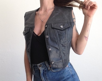 Vintage Versace Jeans Couture Vest 1990s | Black Leather Motorcycle Biker | Medusa Logo | Italy | L