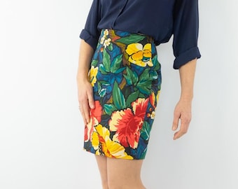 Vintage Floral Pencil Skirt 1980s | Tropical Print Cotton | High Waist | France | M