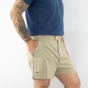 Lacoste Vintage Shorts 1980s | Beige Cotton Tennis Shorts | Crocodile Logo | Contrast Trim | Retro Sport Style | Activewear | Size L