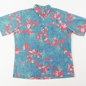 Reyn Spooner Vintage Hawaiian Shirt 1960s | Blue Aloha Shirt with Tropical Floral Print | Short Sleeves | Rockabilly Look | Size M