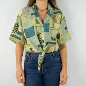 Vintage 1980s Women&#39;s Shirt | Graphic Patchwork Blouse in Green Yellow Turquoise | Open Collar | Tie-Front Hem | Loose Fit | Size L