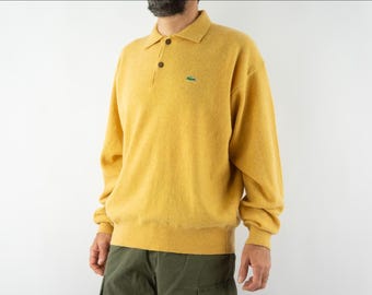 Vintage Lacoste Wool Knit Polo Sweater 1980s | Yellow Pullover, Buttoned Collar | Spain | L