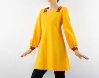 Vintage Floral Mod Dress 1970s | Yellow Mini A-Line Embroidered | Made in France | S