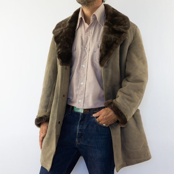 Veste Shearling Vintage | 1970s | Veste en Peau de Mouton | Manteau Cuir/Fourrure Marron | Coupe Droite | Mod | Made in Spain | Taille L/XL