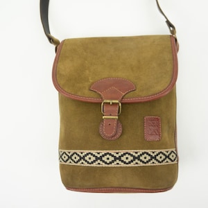 Vintage 1980s Bucket Bag | Olive Green Brown Suede & Leather Bag | Ethnic Crossbody Bag | Boho Navajo Style Shoulder Bag | Medium Size