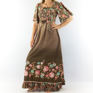 Vicky Vaughn Vintage Prairie Dress 1970s | Brown Blue Rose Cotton Floral Maxi | Bohemian Romantic Hippie Style | Made in USA | Size M