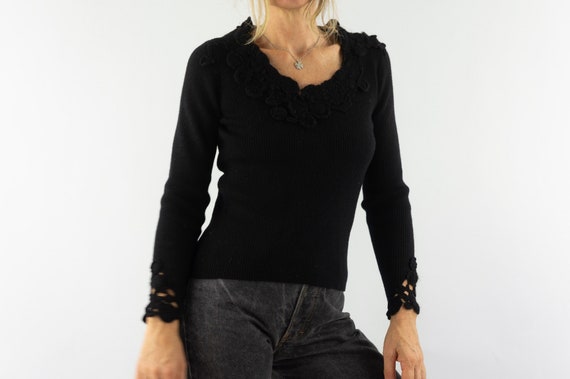 Christian Lacroix, Vintage Christian Lacroix Sweater 1990s | Black Floral Crochet Lace Wool Knit Jumper | Fitted | M