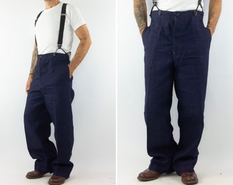 PTT Postal Service | Vintage Chore Work Pants | 1930s | Workwear | Buckle Back | Bleu de Travail | 100% Linen| Made in France | NOS | Size L