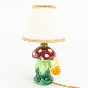 Vintage Mushroom Bedside Lamp 1950s | Glazed Ceramic Table Decor | Naive Animal Scene | Red Green Yellow | French Retro | Made in France