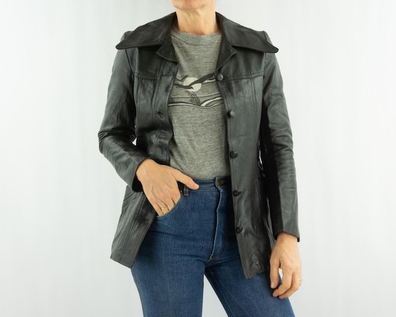 Vintage Black Leather Jacket 1970s | Mid Length Fitted, Belted, Wide Lapel Collar | Retro | S
