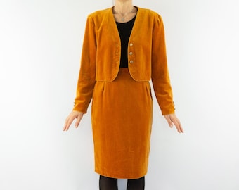 Traje de falda de terciopelo vintage, años 90 / Blazer marrón anaranjado, falda tubo / Hecho en Francia / S
